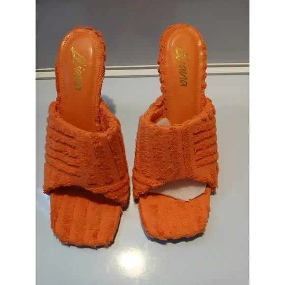 LIAYANA Orange Terry Cloth Open Toe Square Toe Heels Women Size 9 - Picture 2 of 9